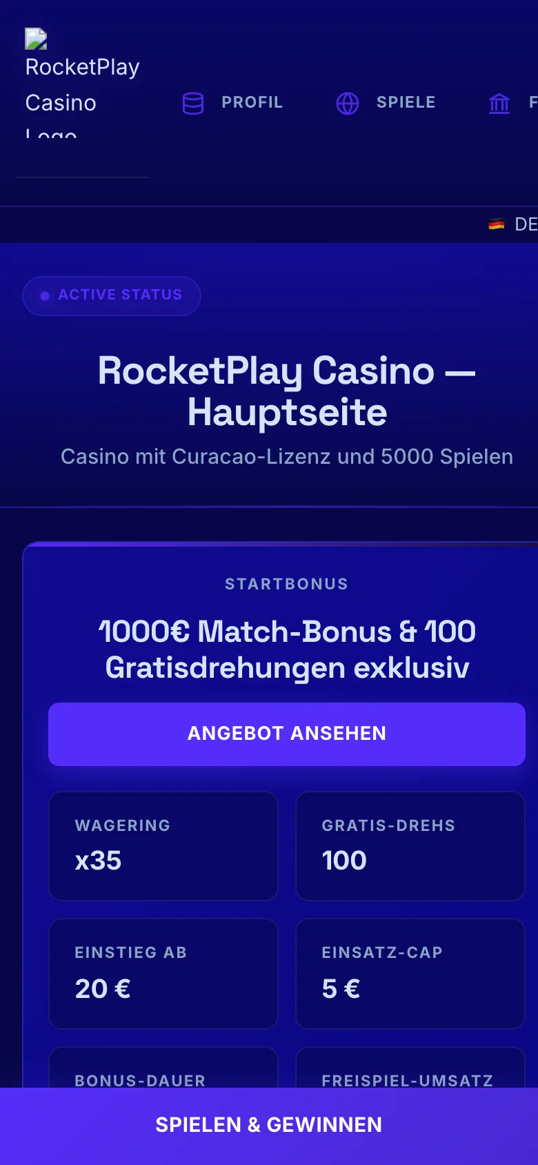 RocketPlay Casino mobile lobby screenshot