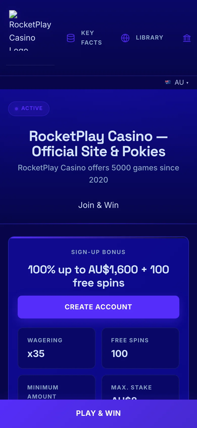 RocketPlay Casino mobile lobby screenshot