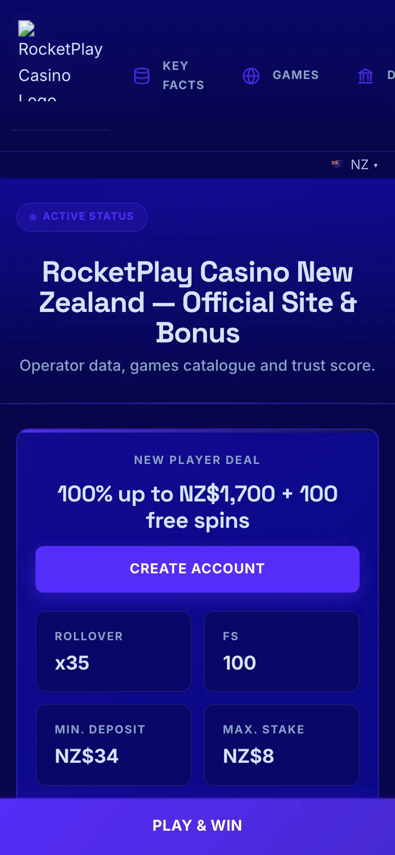 RocketPlay Casino mobile lobby screenshot